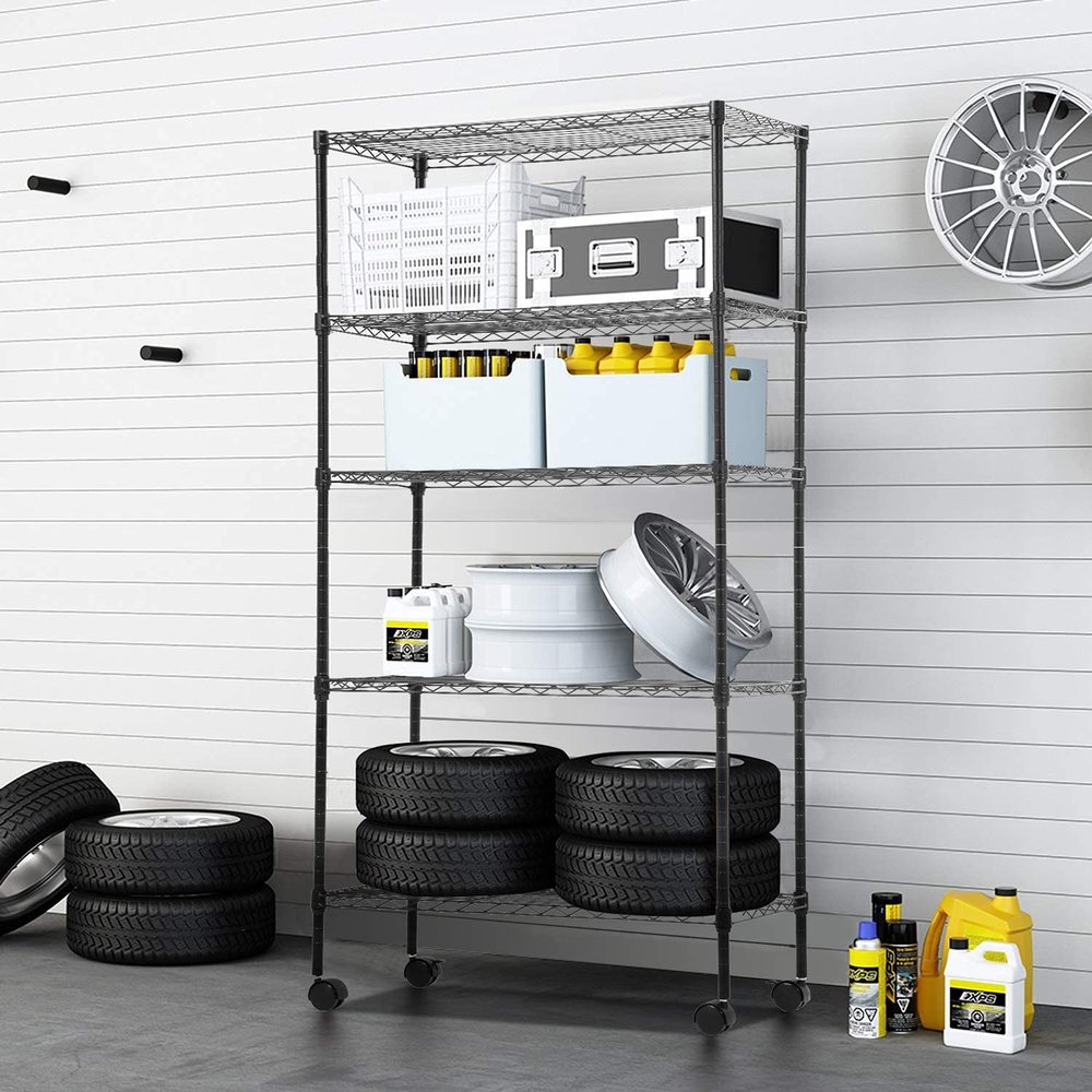 30" L14" W60" H Wire Shelving Unit Metal Shelf with 5 Tier Casters Adjustable Layer Rack Strong Steel for Restaurant Garage Pantry Kitchen GarageBlack