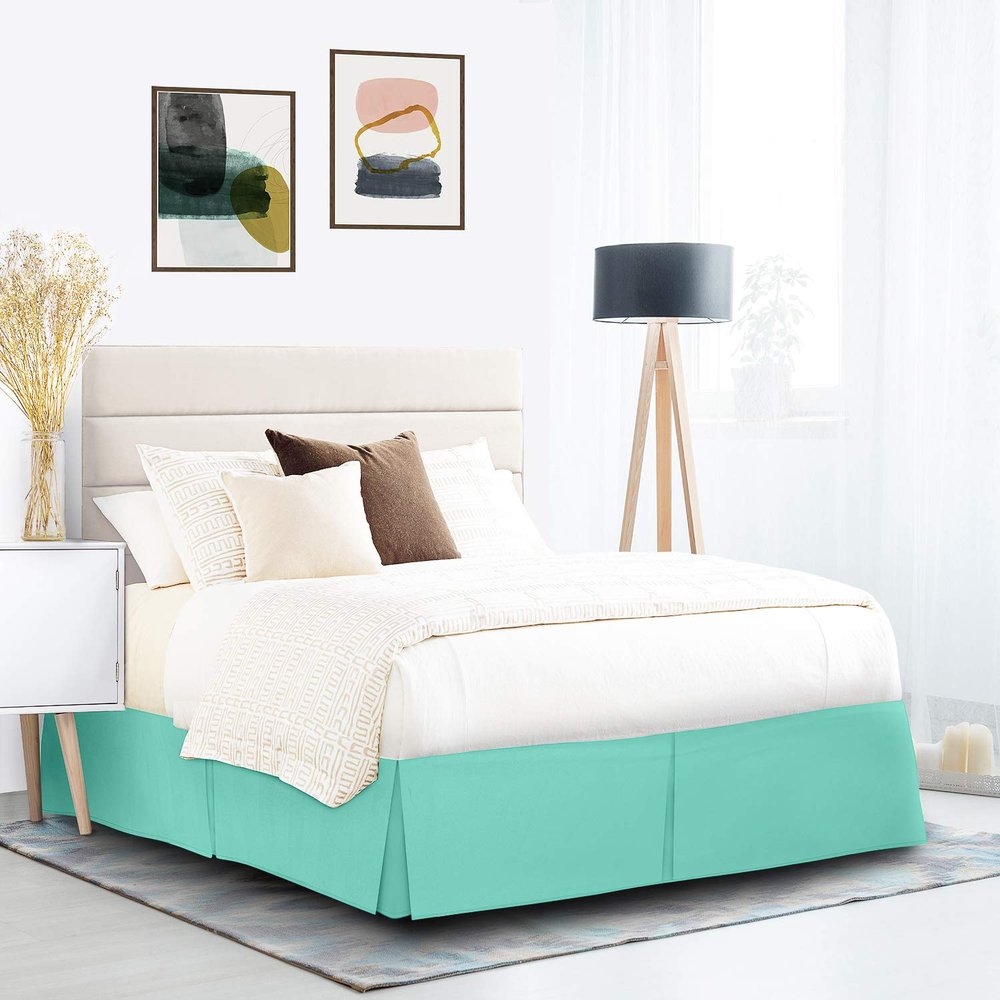 600 Thread Count 100% Cotton 1PC Tailored Pleated Bed Skirt Dust Ruffle Bed Skirt Never Lift Your Mattress Classic 18Drop Length Pleated Styling,Aqua/Split Queen