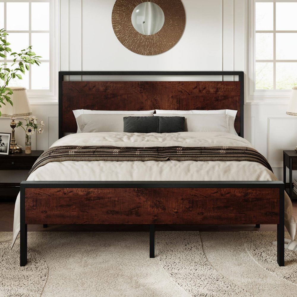 Allewie Queen Size Platform Bed Frame with Wooden Headboard and Footboard, Heavy Duty 12 Metal Slats Support, No Box Spring Needed, Under-Bed Storage, Noise Free, Easy Assembly, Mahogany