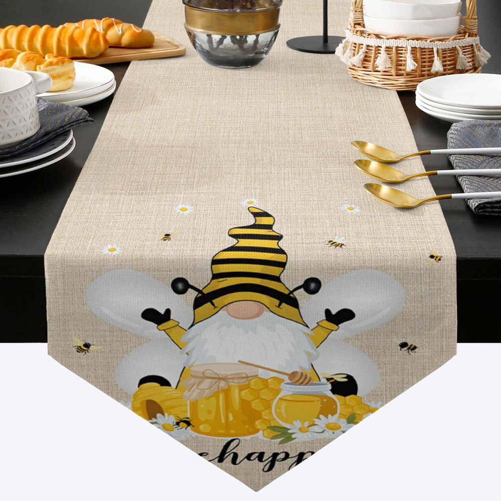 Cotton and Linen Triangle Table Runners 70 Inches Long, Beehappy Gnomes Floral Daisy, Dresser Scarves Table Decoration for Wedding Party/Graduation Ceremony/Banquet (13x70 inch) Linen Texture Print