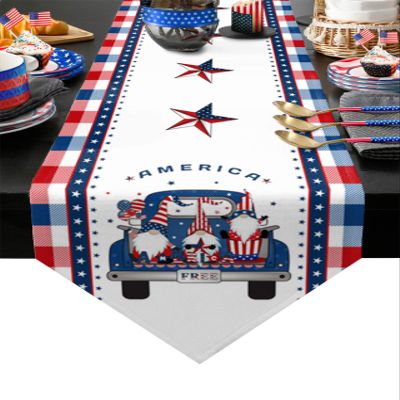 Cotton and Linen Triangle Table Runners 120 Inches Long, American Free Truck with Gnomes Dresser Scarves Table Decoration for Wedding Party/Graduation/Banquet (13x120 inch) Blue and Red Buffalo Check