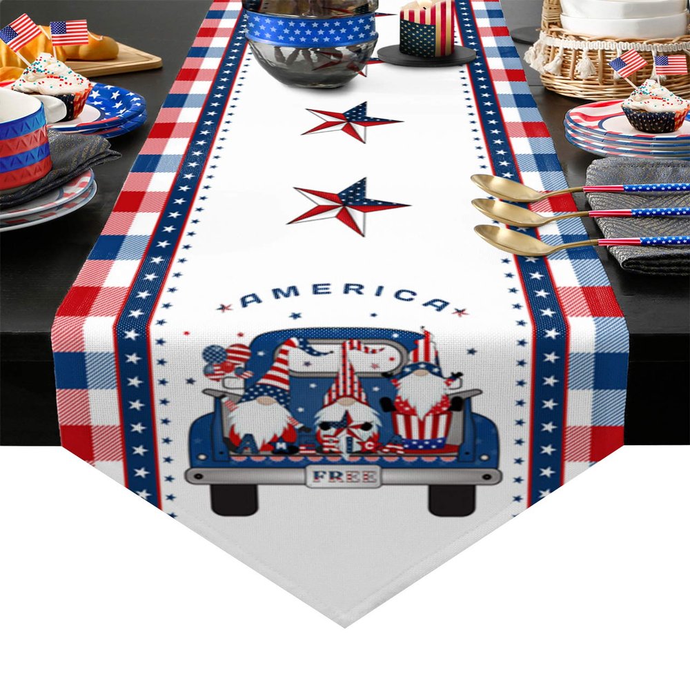 Cotton and Linen Triangle Table Runners 120 Inches Long, American Free Truck with Gnomes Dresser Scarves Table Decoration for Wedding Party/Graduation/Banquet (13x120 inch) Blue and Red Buffalo Check