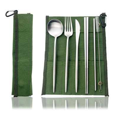 JASHII Reusable Travel Utensils 7 Pieces Stainless Steel Flatware Set with Portable Pouch Eco-friendly Camping Silverware Set with Chopsticks Straws for Travel Kithchen