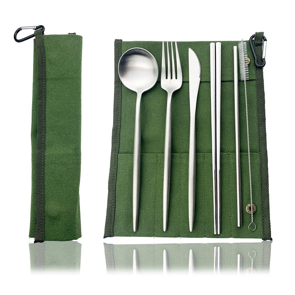 JASHII Reusable Travel Utensils 7 Pieces Stainless Steel Flatware Set with Portable Pouch Eco-friendly Camping Silverware Set with Chopsticks Straws for Travel Kithchen