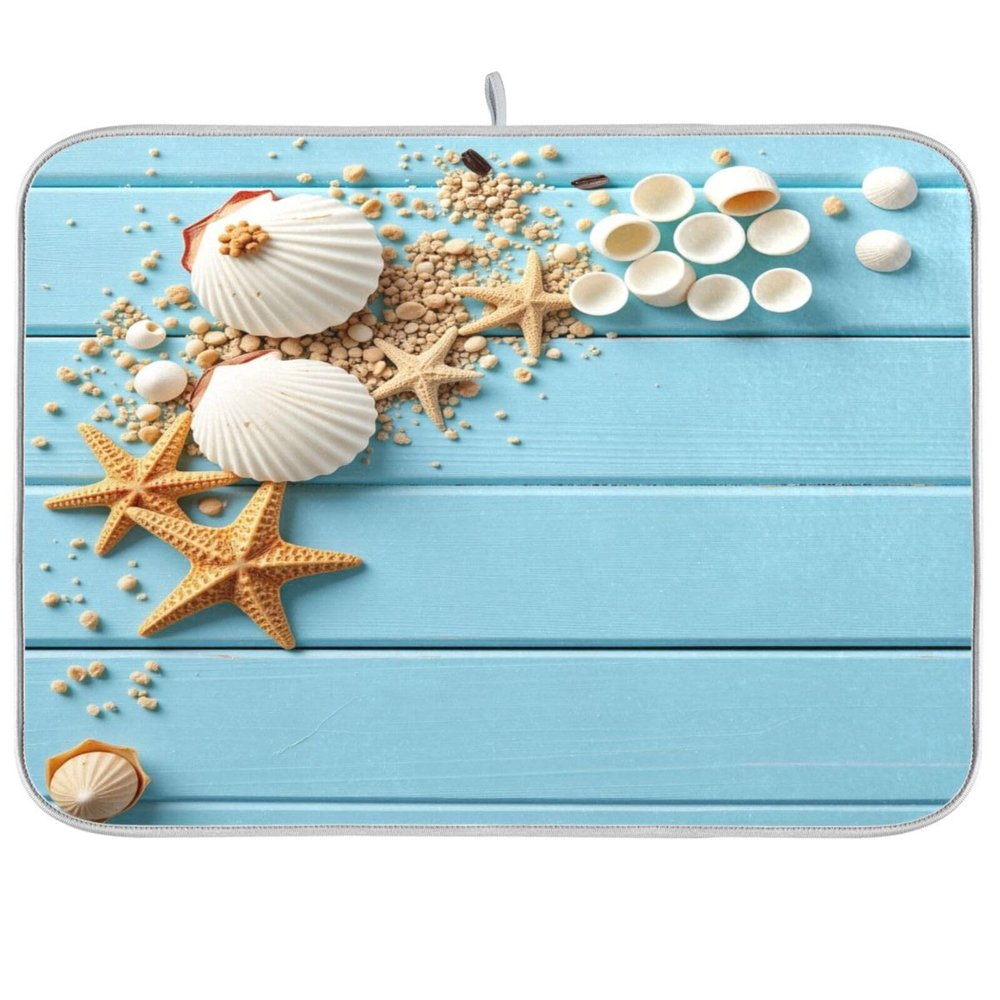 Summer Seashell Starfish On Wooden Dish Drying Mat 16x18 inch Drying Pad Dish Drainer Mat Protector for Kitchen Countertops Counter