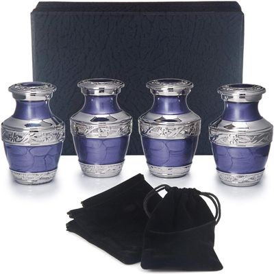 BOLD & DIVINE Small Silver Linings Purple Keepsake Urns |for Human Ashes | Handcrafted | Mini Urn Set of 4 with Box and Velvet Bags