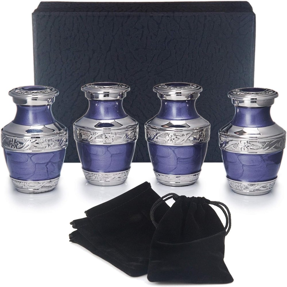 BOLD & DIVINE Small Silver Linings Purple Keepsake Urns |for Human Ashes | Handcrafted | Mini Urn Set of 4 with Box and Velvet Bags
