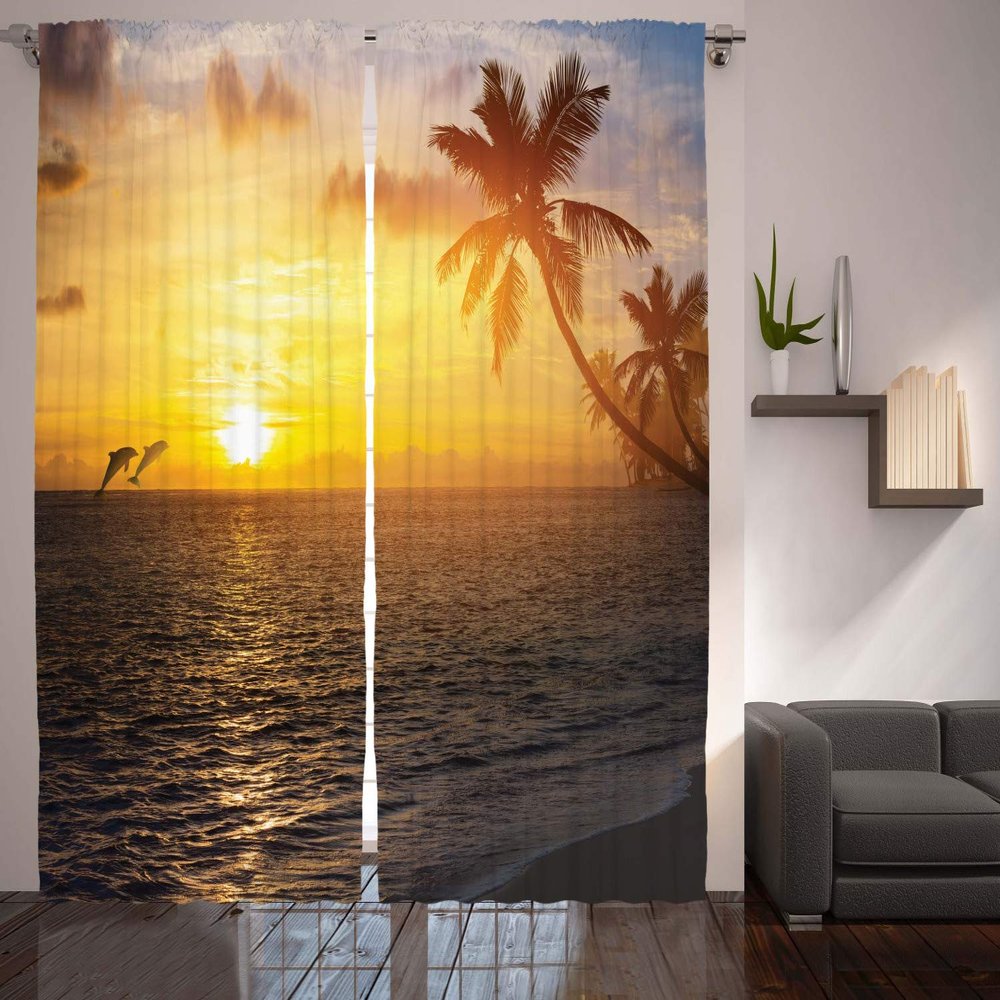 Ambesonne Beach Curtains, Palm Trees in Tropical Island Beach Jumping Fishes and Majestic Sunset Image, Living Room Bedroom Window Drapes 2 Panel Set, 108" X 84", Yellow Bluegrey