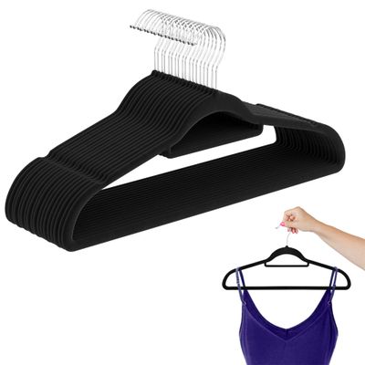 Amiff Velvet Hangers, Non Slip Clothing Hangers, Black Thin Design, 360 Rotating Chrome Hook, Notched Shoulders, 17.5 Inch, Pack of 150