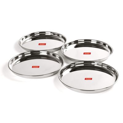 Sumeet Stainless Steel Heavy Gauge Deep Wall Dinner Plates with Mirror Finish 31.3cm Dia - Set of 4pc
