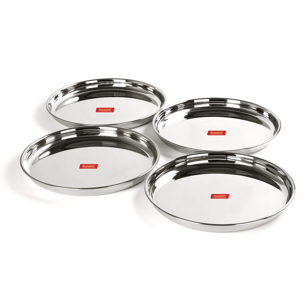Sumeet Stainless Steel Heavy Gauge Deep Wall Dinner Plates with Mirror Finish 31.3cm Dia - Set of 4pc