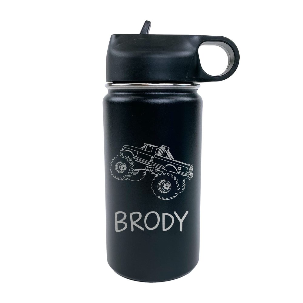 The Crafty Engineer Personalized Monster Truck Water Bottle for Kids - Monster Truck Design for Boys, Girls & Toddlers - Perfect for School & Sports (Black)