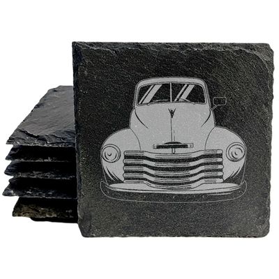 Rustic Slate Coasters with Laser-Etched 1952 Chevy 3100 Pickup Image - Square Set of 8 | Vintage Car Enthusiast Home Decor