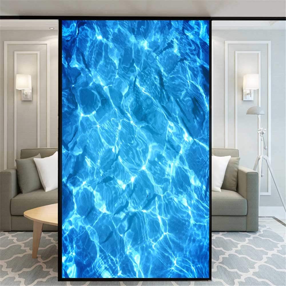 Xijier No Glue Decorative Privacy Frosted Window Film Blue Water Surface Pattern Glass Door Window Covering Window Decals Window Sticker for Home Office 65x100cm(25.6" x39.4)