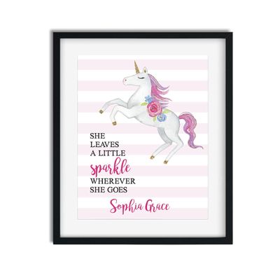 Personalized She Leaves a Little Sparkle Wherever She Goes Print | Teenage Girl Room | Unicorn Wall Art for Girls | Girls Room | Girls Room Decor | Dorm Decor | Pink Gold Room | Unicorn Nursery