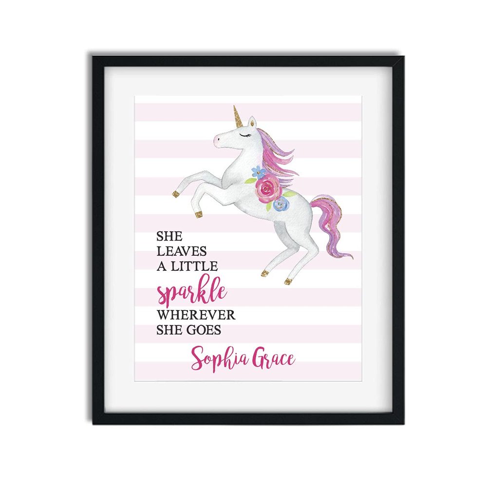 Personalized She Leaves a Little Sparkle Wherever She Goes Print | Teenage Girl Room | Unicorn Wall Art for Girls | Girls Room | Girls Room Decor | Dorm Decor | Pink Gold Room | Unicorn Nursery