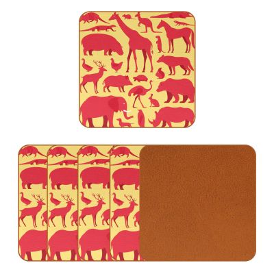 Beverage Coaster - Animals Elephant Giraffe Rooster Ostrich Crocodile Cliparts Ceramic Drinks Coasters with Leather, 6 Pieces Sets