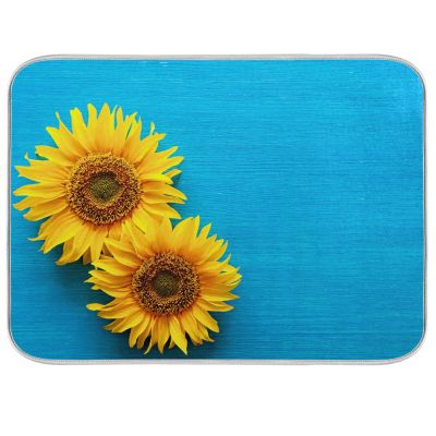 Absorbent Dish Drying Mat for Kitchen Counter - Blue Sunflower Country Style Microfiber Drying Pad, Reversible Drainer Mats for Countertop, Large 18 x 24 inch