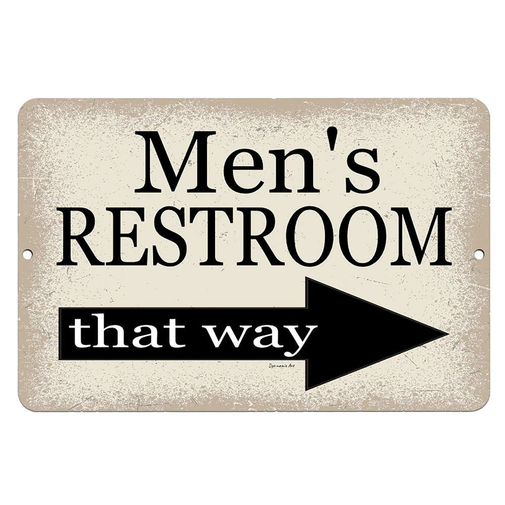 Dyenamic Art Men's Restroom Metal Sign  12x18 Inch Bathroom Decor with Right Arrow  Durable Aluminum for Home, Pool, Wedding, or Restaurant Use