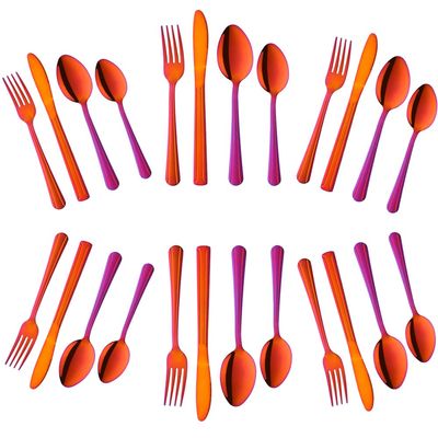 Buyer Star 24-Piece Rainbow Red Silverware Flatware Set Stainless Steel Travel Eating Utensil for Picnic Camping, Service for 6, Dishwasher Safe