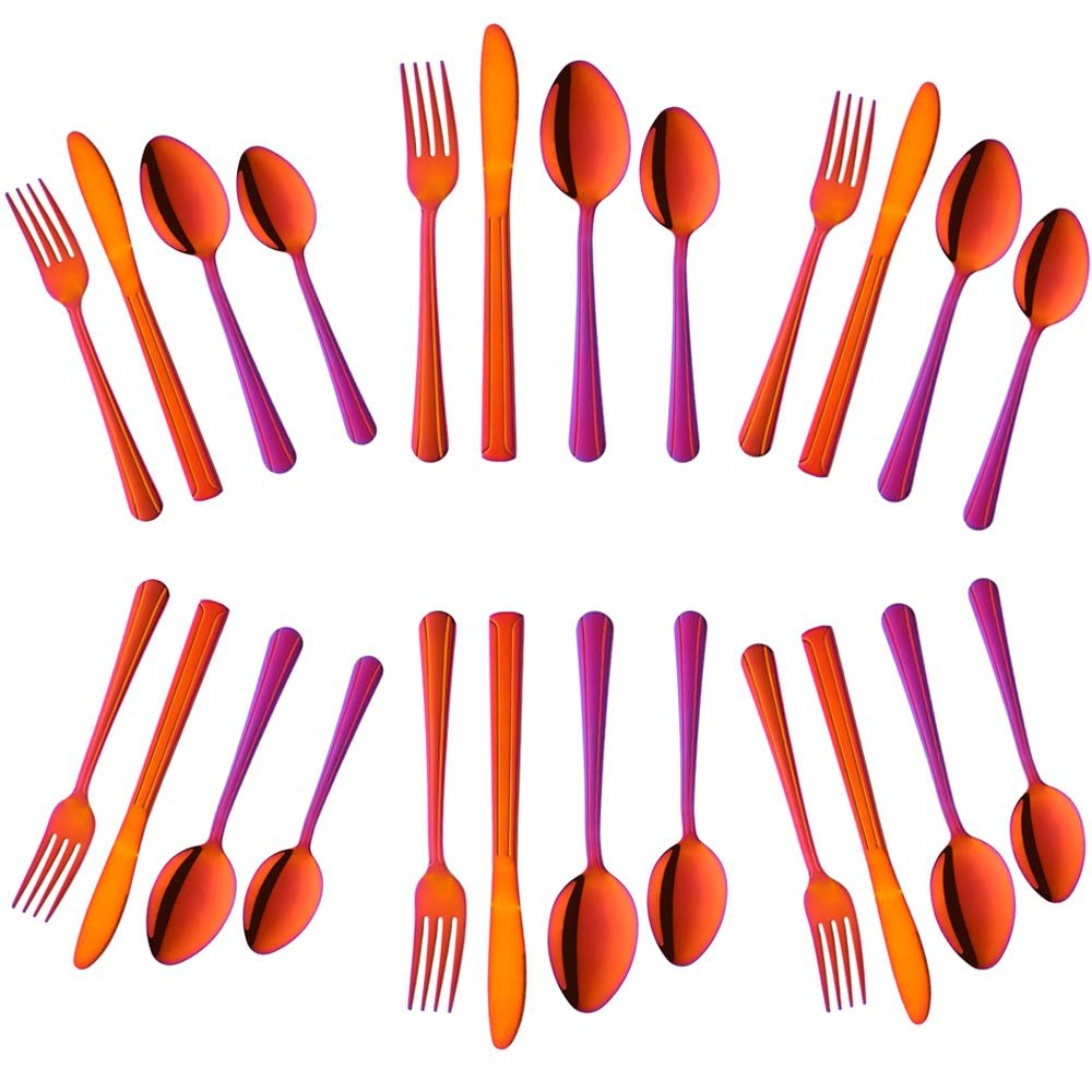 Buyer Star 24-Piece Rainbow Red Silverware Flatware Set Stainless Steel Travel Eating Utensil for Picnic Camping, Service for 6, Dishwasher Safe