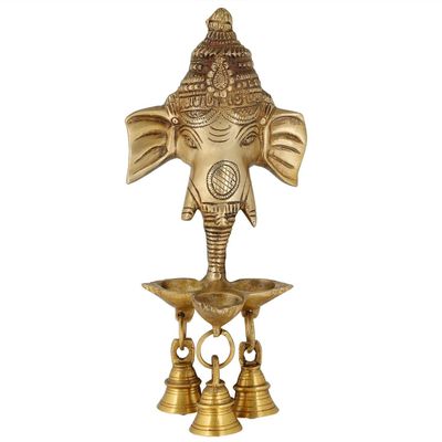 Pink Peony Handmade Antique Brass Statue Idol Ganesha Wall Hanging with Diyas and Bells 9.5 Inch