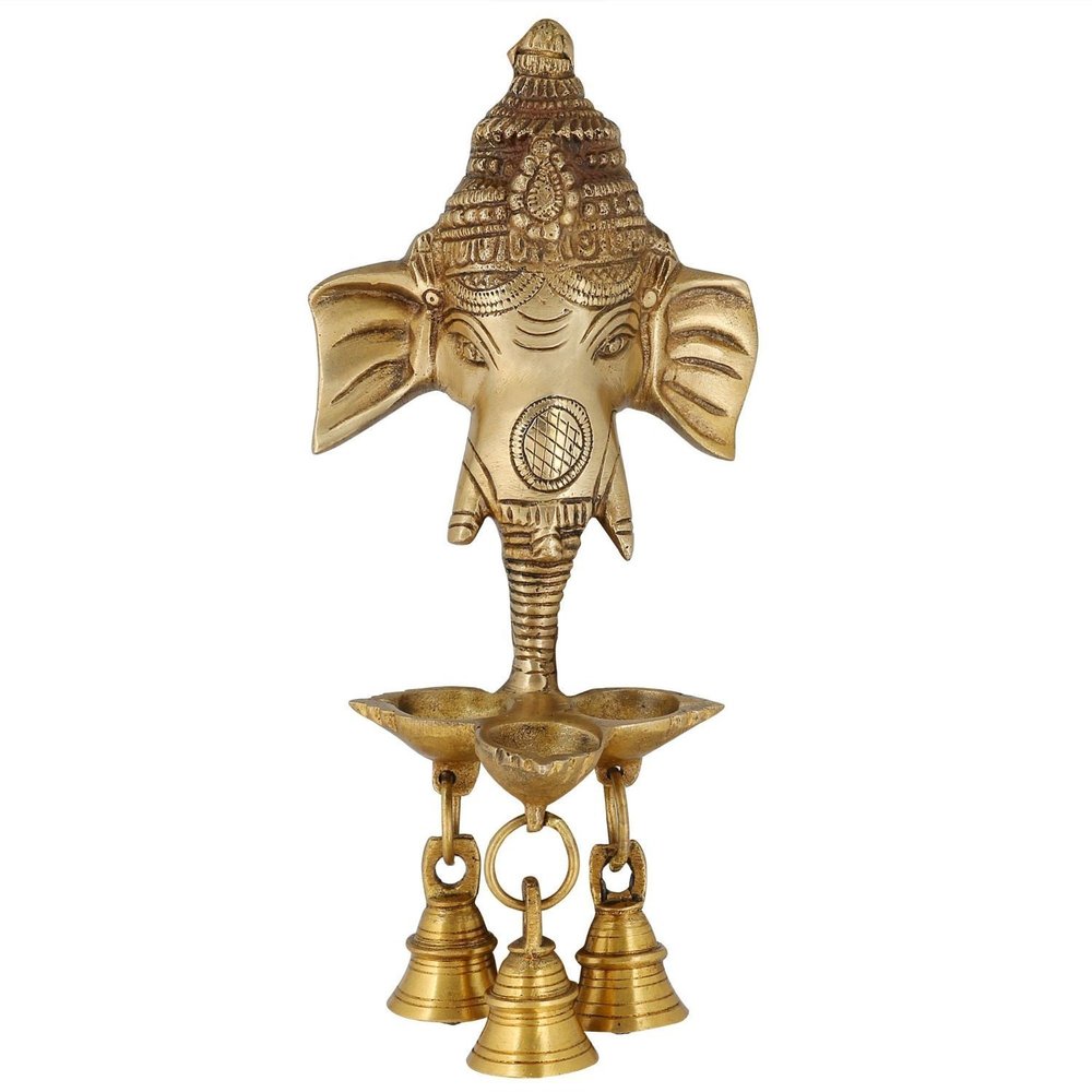 Pink Peony Handmade Antique Brass Statue Idol Ganesha Wall Hanging with Diyas and Bells 9.5 Inch