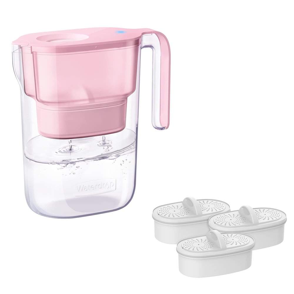 Waterdrop Water Filter Pitcher with 4 Filters, 5X Times Lifetime, Lasts 800 Gallon, for Fridge and Kitchen, Reduces PFOA/PFOS, Chlorine, 7-Cup Capacity, Elfin, Pink