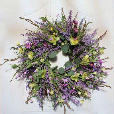 24 h Artificial Lavender Wreath, Floral Farmhouse Wreath with Purple Florets, Daisy, Green,purple 210301QY07-10025-1808311385
