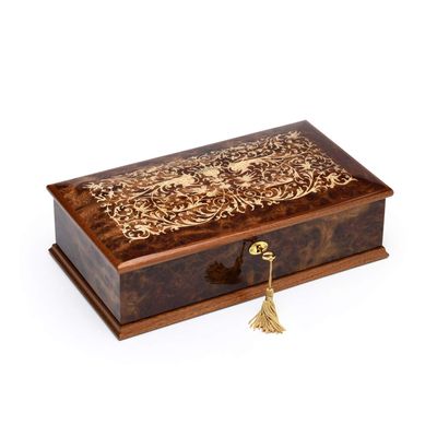 Amazing 18 Note Burl-Elm Grand Italian Arabesque Wood Inlay Musical Jewelry Box - Many Songs to Choose - Somewhere Out There (an American Tale)