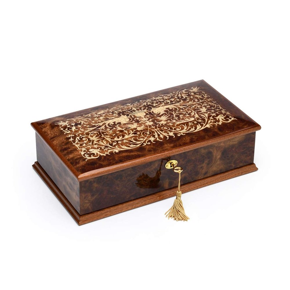 Amazing 18 Note Burl-Elm Grand Italian Arabesque Wood Inlay Musical Jewelry Box - Many Songs to Choose - Somewhere Out There (an American Tale)