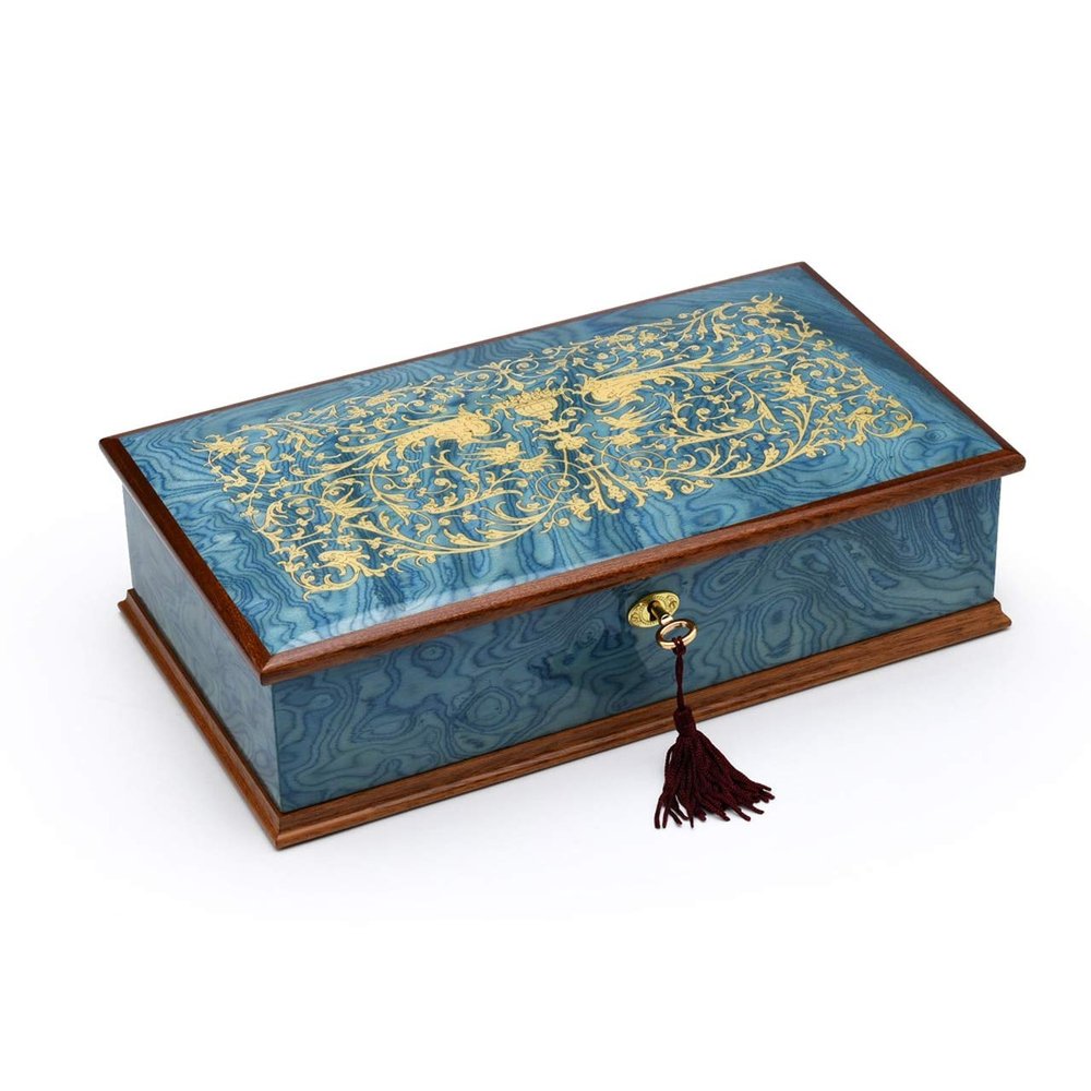 Gorgeous Italian Sea Blue 18 Note Grand Arabesque Wood Inlay Musical Jewelry Box - Many Songs to Choose - My Funny Valentine,Lorenz Hart/Richard Rogers
