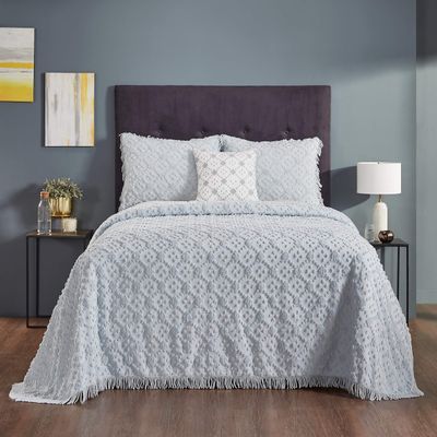 Better Trends 4 Pieces Set Chenille Bedspread King Size 100% Cotton Chenille Bedding Lightweight Bedding Geometric & Diamond Bedroom Decor Blue Charleston Collection