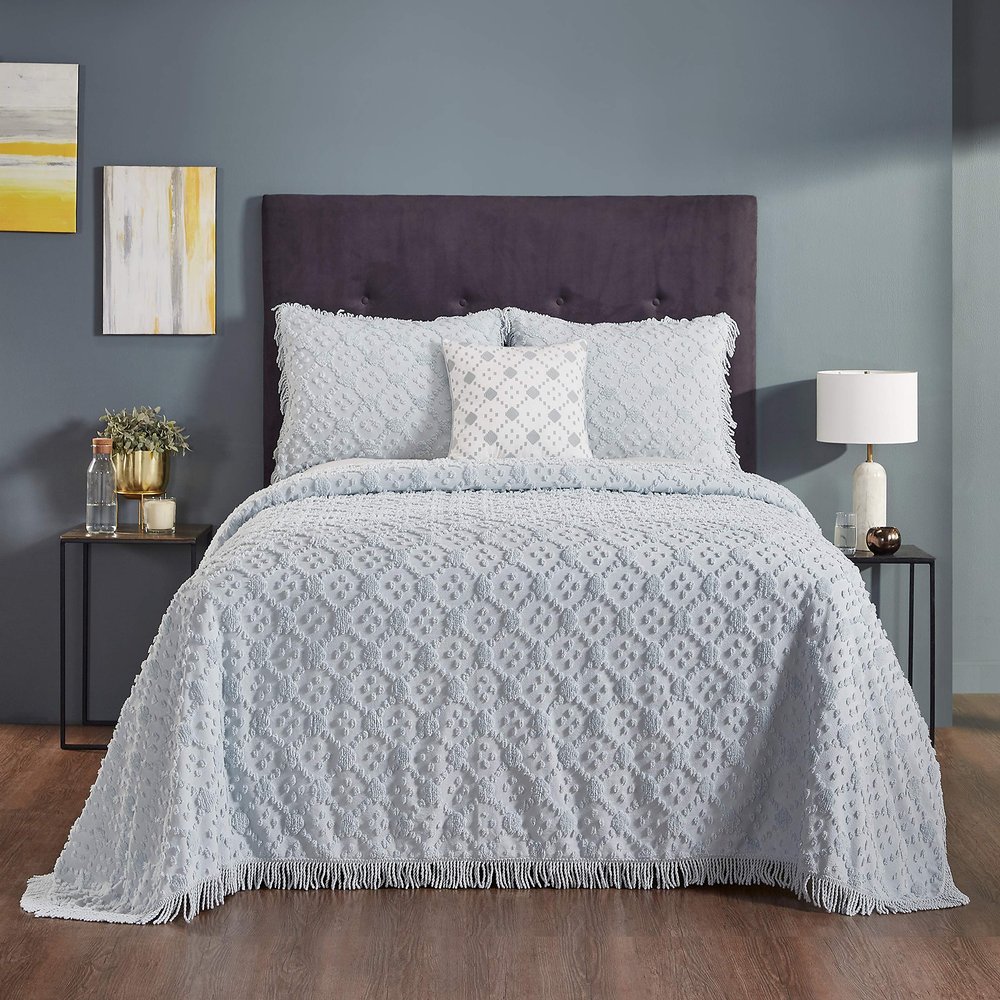 Better Trends 4 Pieces Set Chenille Bedspread King Size 100% Cotton Chenille Bedding Lightweight Bedding Geometric & Diamond Bedroom Decor Blue Charleston Collection