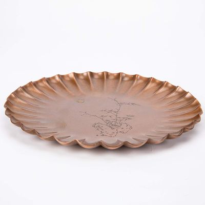 Copper tea tray, round chrysanthemum tea tray, pure copper dry brewing table, handmade Chinese tea pot with tea set, copper metal tea tray-Hand carved chrysanthemum tea tray