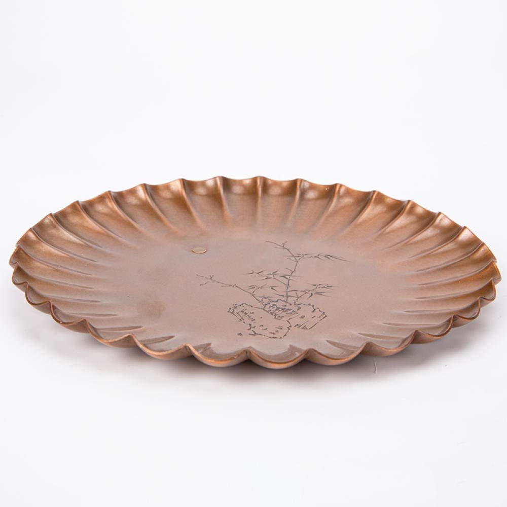 Copper tea tray, round chrysanthemum tea tray, pure copper dry brewing table, handmade Chinese tea pot with tea set, copper metal tea tray-Hand carved chrysanthemum tea tray