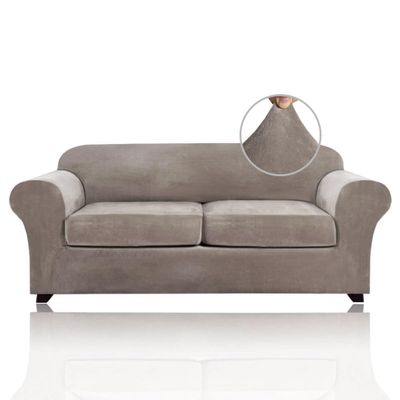 PrinceDeco Couch Cover Velvet Plush Sofa Covers for 2 Cushion Couch Width Up to 90 Inch Washable Furniture Protector Pet Friendly No Slip Sofa Slipcover(Medium-Large,Taupe)