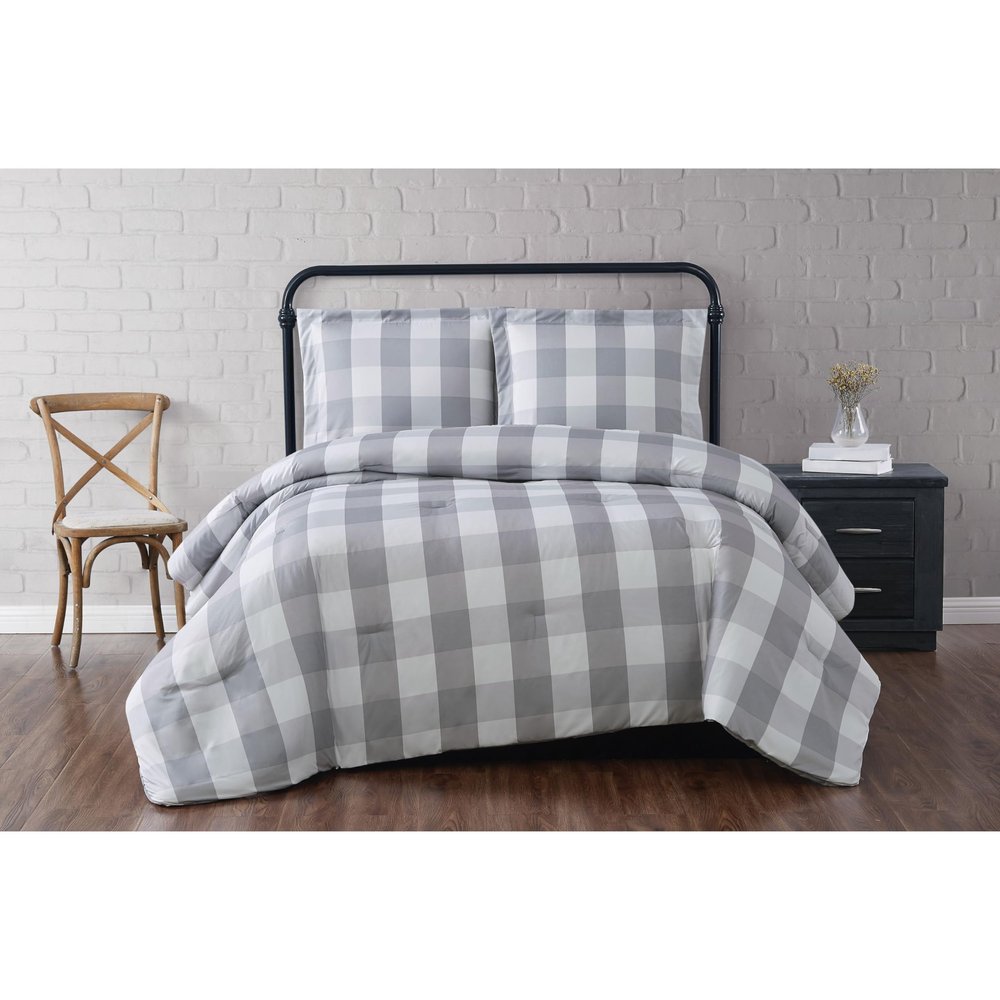 TRULY SOFT Everyday Buffalo Plaid Gray Polyester 3-Piece King Comforter Set, Plaid Themed, for Men and Women, Oeko-TEX Certified Confidence