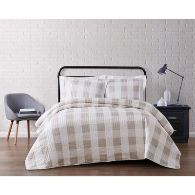 TRULY SOFT Everyday Buffalo Plaid Khaki Polyester 3-Piece King Quilt Set, Plaid Themed, for Men and Women, Oeko-TEX Certified Confidence