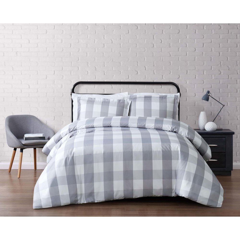 TRULY SOFT Everyday Buffalo Plaid Gray Polyester 3-Piece King Duvet Set, Plaid Themed, for Men and Women, Oeko-TEX Certified Confidence