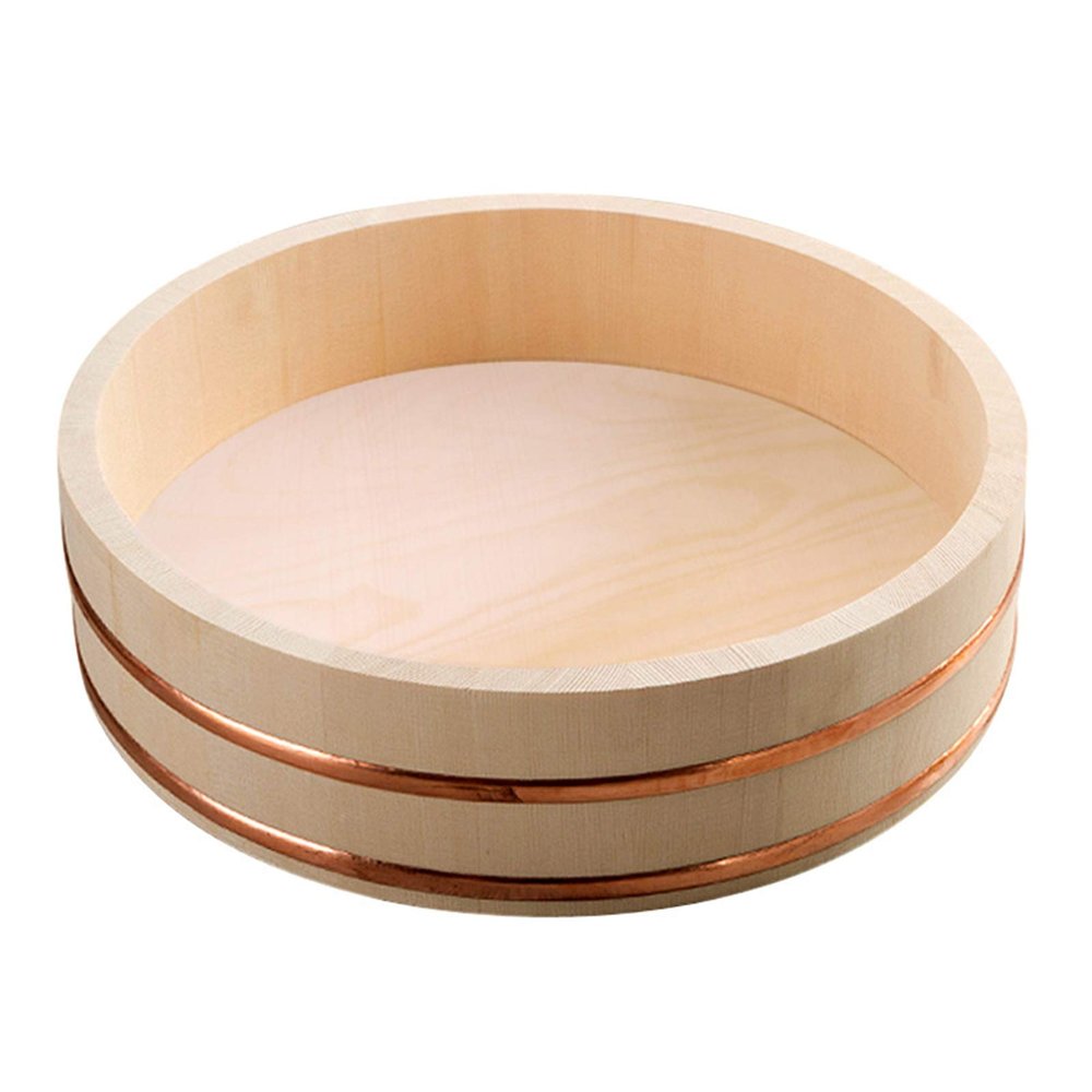 AIZYR 11 Sizes Hangiri Sushi Oke Rice Mixing Tub with Copper Banding, Wooden Rice Serving Bowl Sushi Accessory for Sushi Restaurant,42x10cm