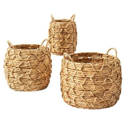 Artera Large Wicker Storage Basket - Set of 3 Woven Water Hyacinth Blanket Baskets with Handle, Natural Nesting Storage Bins for Living Room, Bedroom, Bathroom or Laundry Room