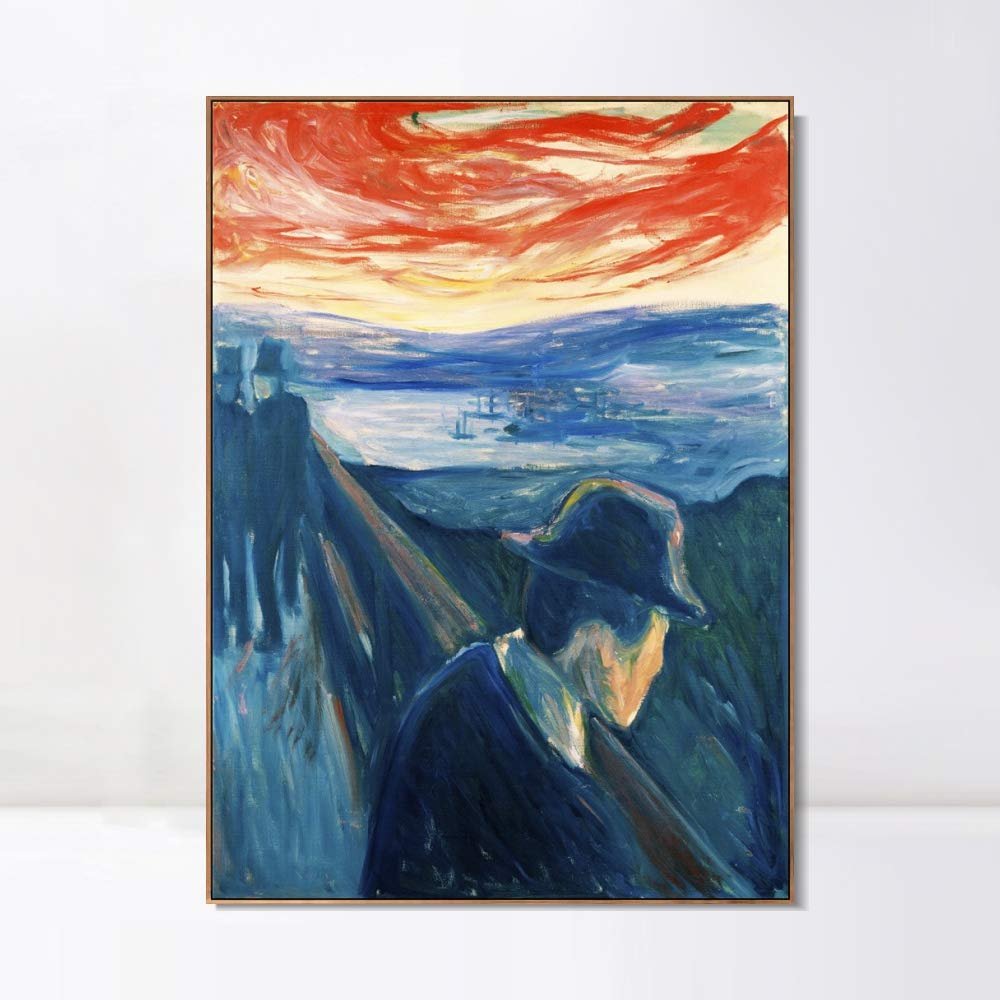 INVIN ART Framed Canvas Giclee Print Art Despair, 1892 by Edvard Munch Wall Art Living Room Home Office Decorations(Wood Color Slim Frame,20"x28")