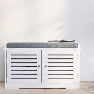 RASOO Shoe Storage Benches White Shoe Rack Bench with 2 Doors & Padded Seat Cushion in Grey Shoe Cabinet Shoe Entryway Bench with Shoe Organizer