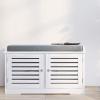 RASOO Shoe Storage Benches White Shoe Rack Bench with 2 Doors & Padded Seat Cushion in Grey Shoe Cabinet Shoe Entryway Bench with Shoe Organizer view 1