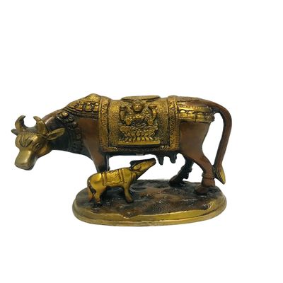 Antique Brass Holy Kamdhenu Kamadhenu Cow and Calf Sculpture - Lucky Figurine Idol statue for Home Decor Laxmi Ganesh Idol Pooja Gau MATA Good Luck Prosperity Diwali New Year Gift 6.1 inch