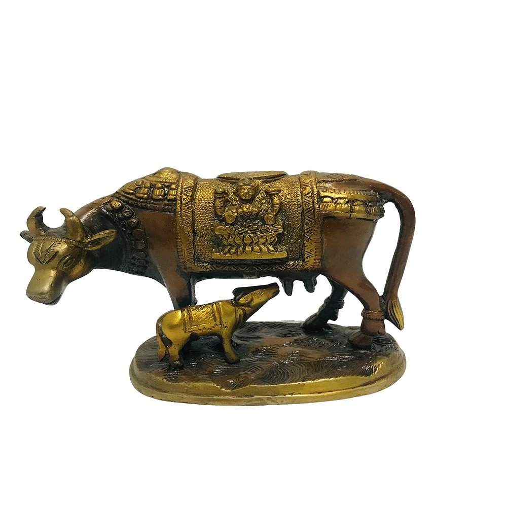 Antique Brass Holy Kamdhenu Kamadhenu Cow and Calf Sculpture - Lucky Figurine Idol statue for Home Decor Laxmi Ganesh Idol Pooja Gau MATA Good Luck Prosperity Diwali New Year Gift 6.1 inch