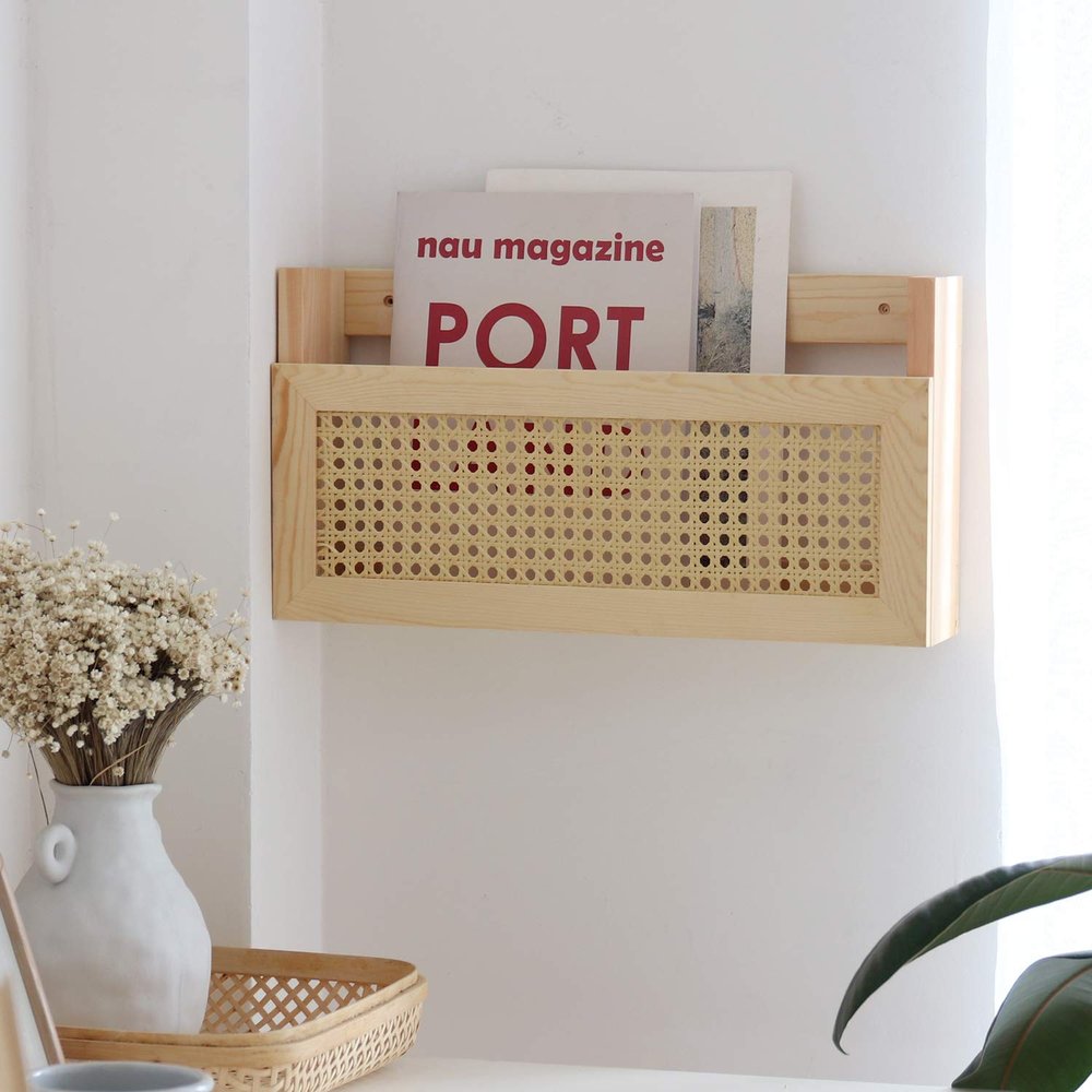 FIRADE Wood Magazine Wall Rack with PE Rattan Grid,Size 17.3" x 4" x 9.4",File Holder For Entryway,Living Room,Waiting Room,Kids room,Office