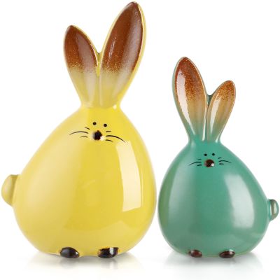 balacoo 2pcs Ceramic Rabbit Figurine Easter Bunny Figure Sculpture Ornaments Desktop Animals Ceramic Rabbit Statue Easter Party Favor (Mixed Color)