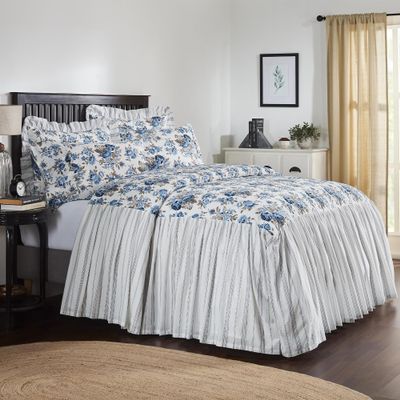 VHC Brands Annie Blue Floral, Ruffled Cottage Farmhouse, Twin Coverlet, 27" Drop